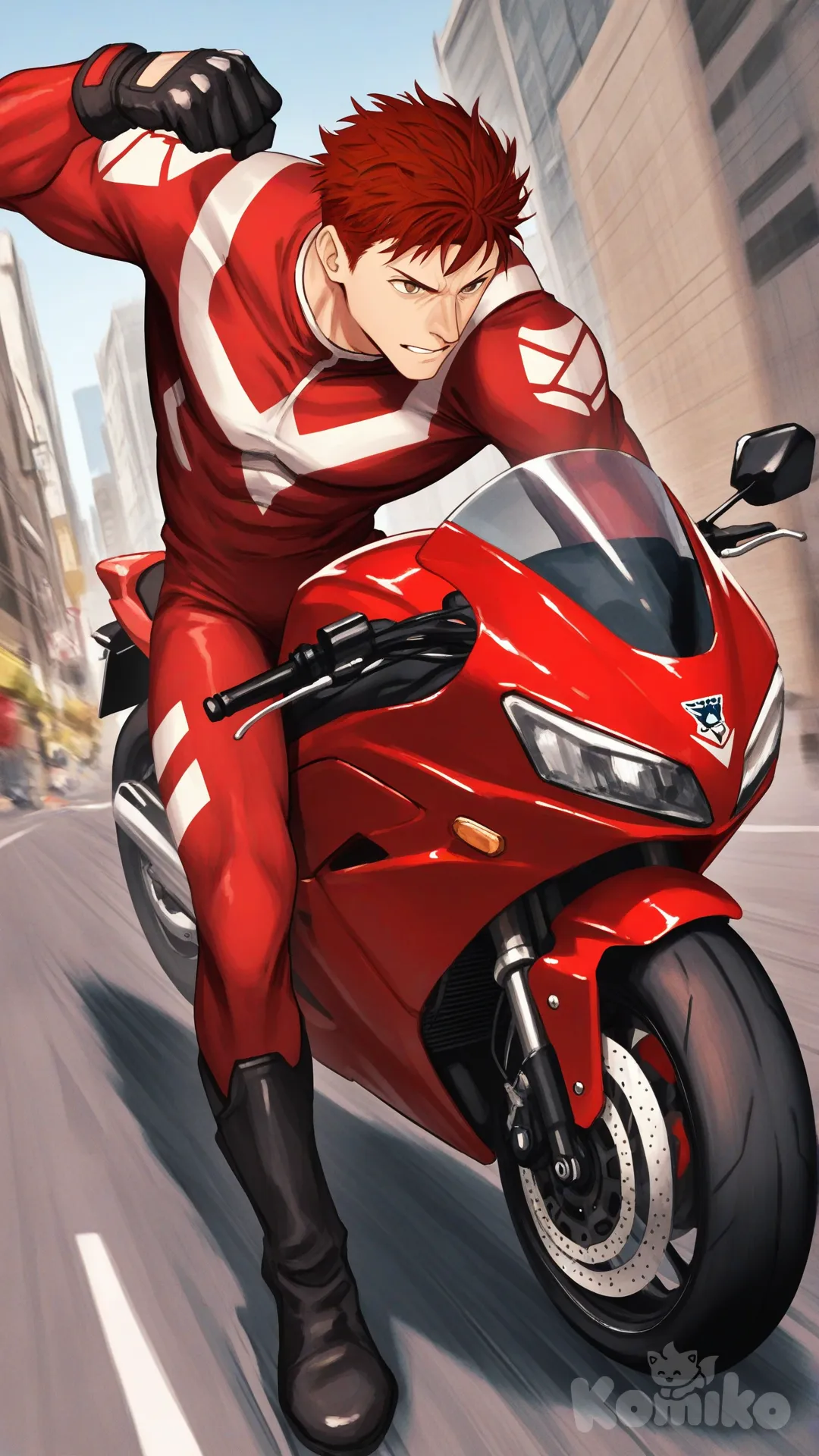1boy, solo, front view, city, main street, riding motorcycle, fast, movement effect, 

Characters:
First character: Superhero, Derek Kingsfield, Jock Studio, brown eyes, short dark red hair, warm-peach skin tone,muscular body, mature, black gloves, he's wearing three tone red with black and white strap tight suit, superhero suit, [serious-man-style], full body, riding, riding motorcycle, on motorcycle
