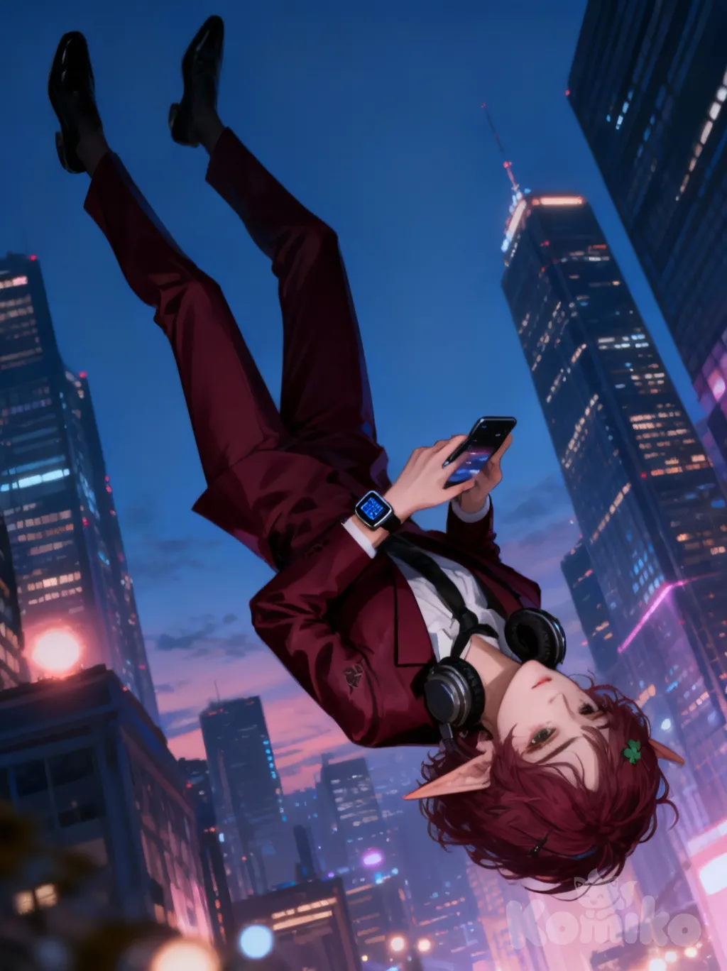 @linn-usZC, [digital-painterly-style], tuxedo, hair accessory, tie, glasses, headphones, digital watch, burgundy, full body, city lights, twilight, ambient light, expressionless, falls face down to the sky, looking at phone, skyscraper, side profile photo