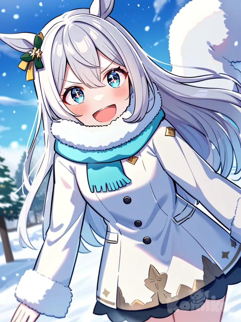 umamusume, Silver hair, straight hair, straight bangs, fair skin, aquamarine eyes, 175 cm tall, dreamy eyes, mischievous smile, cheerful personality, snow, determined expression, laughing, sparkling eyes, long hair, solo, light blue hair strands, short skirt, fluffy scarf, white clothe, tall girl, sky-blue strands, white strands, ((white dress)), mature female, having fun, only white clothes, veil, wedding dress