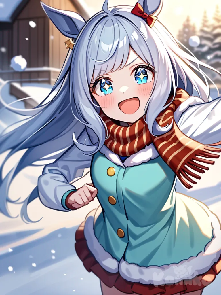 umamusume, Silver hair, straight hair, straight bangs, fair skin, aquamarine eyes, 167 cm tall, dreamy eyes, mischievous smile, cheerful personality, outgoing, enthusiastic expression, snow, determined expression, playful, laughing, sparkling eyes, long hair, solo, light blue hair strands, fluffy outfit, short skirt, scarf, twenty years old