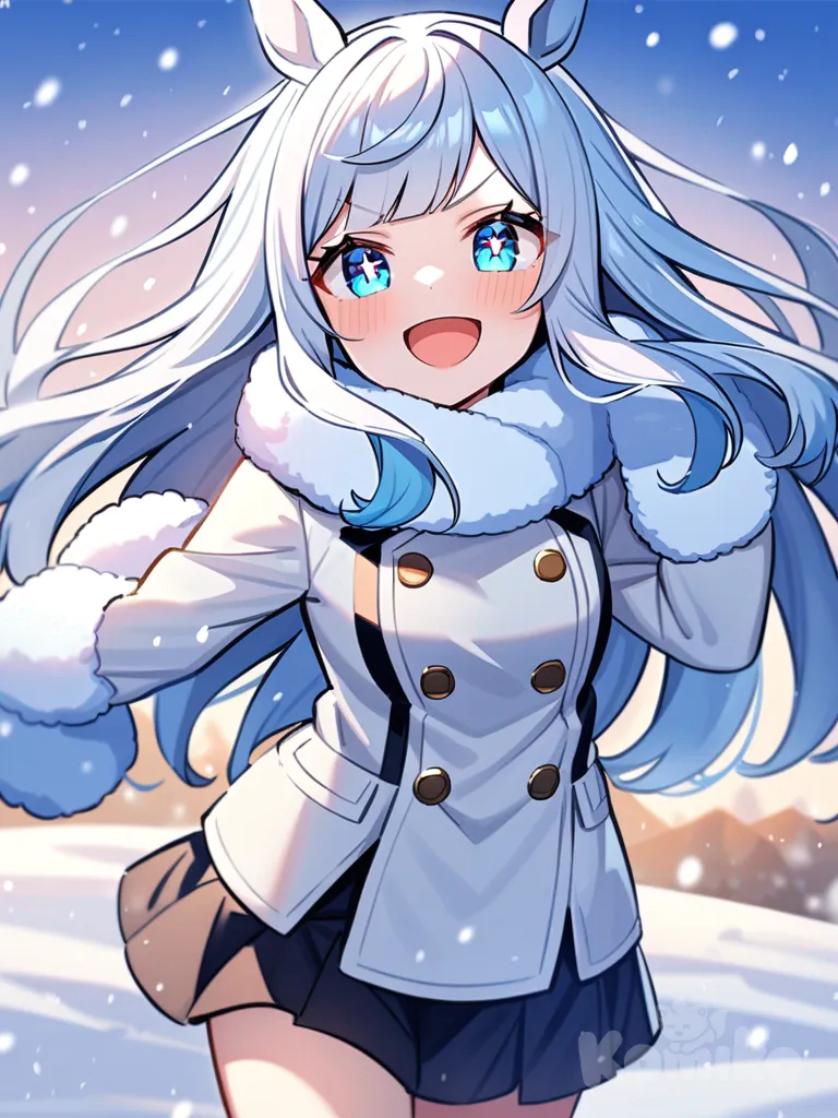 umamusume, white hair, straight hair, straight bangs, fair skin, aquamarine eyes, 175 cm tall, dreamy eyes, mischievous smile, snow, determined expression, laughing, sparkling eyes, long hair, solo, light blue hair strands, short skirt, fluffy scarf, white clothe, tall girl, sky-blue strands, white strands, mature female, wedding dress, wedding, snow princess