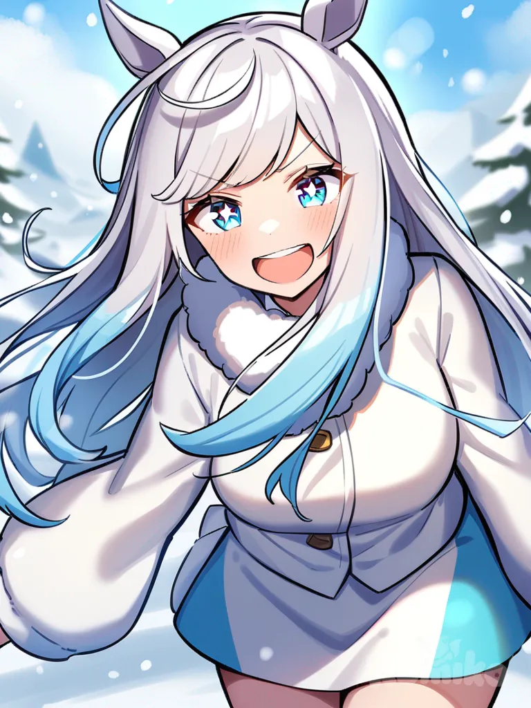 umamusume, white hair, straight hair, straight bangs, fair skin, aquamarine eyes, 175 cm tall, dreamy eyes, mischievous smile, snow, determined expression, laughing, sparkling eyes, long hair, solo, light blue hair strands, short skirt, fluffy scarf, white clothe, tall girl, sky-blue strands, white strands, mature female, wedding dress, wedding