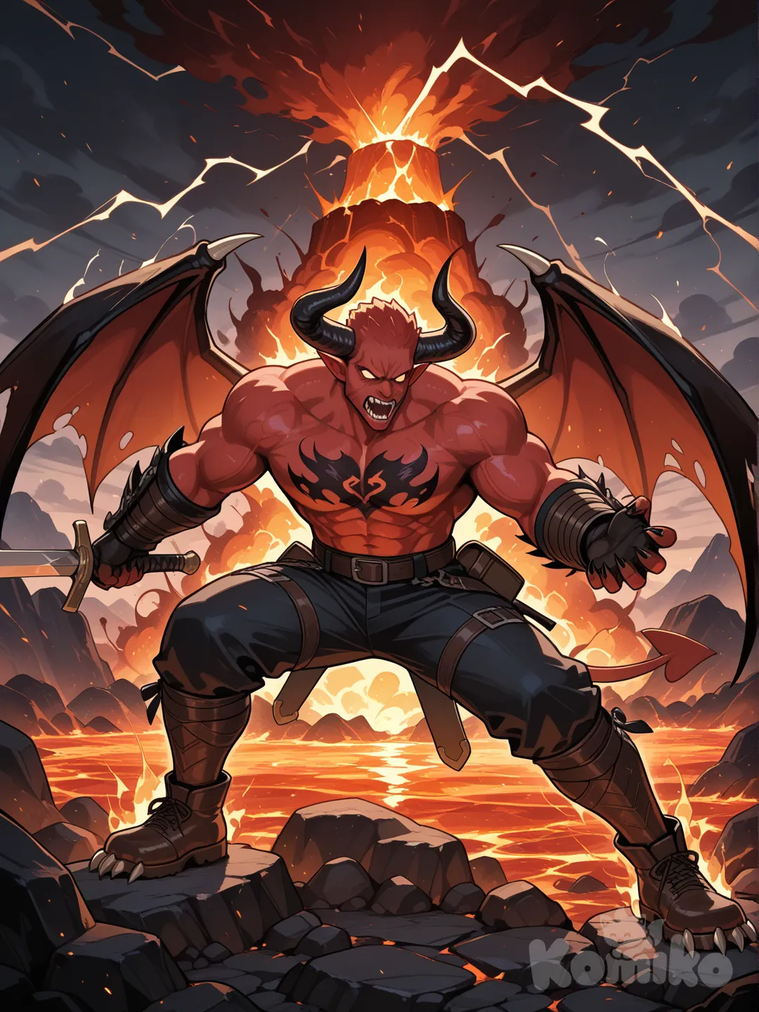 Espadachín peleando contra un demonio, en medio de una isla llena de lava y del cielo caen rayos