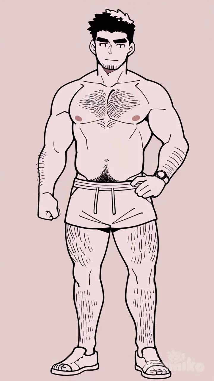 muscular, erotic, gay, hairy, mature male, hunk, handsome face, strong arms, broad shoulders, stubble, athletic build, hammer (sunset beach), full body, lineart, anime coloring
