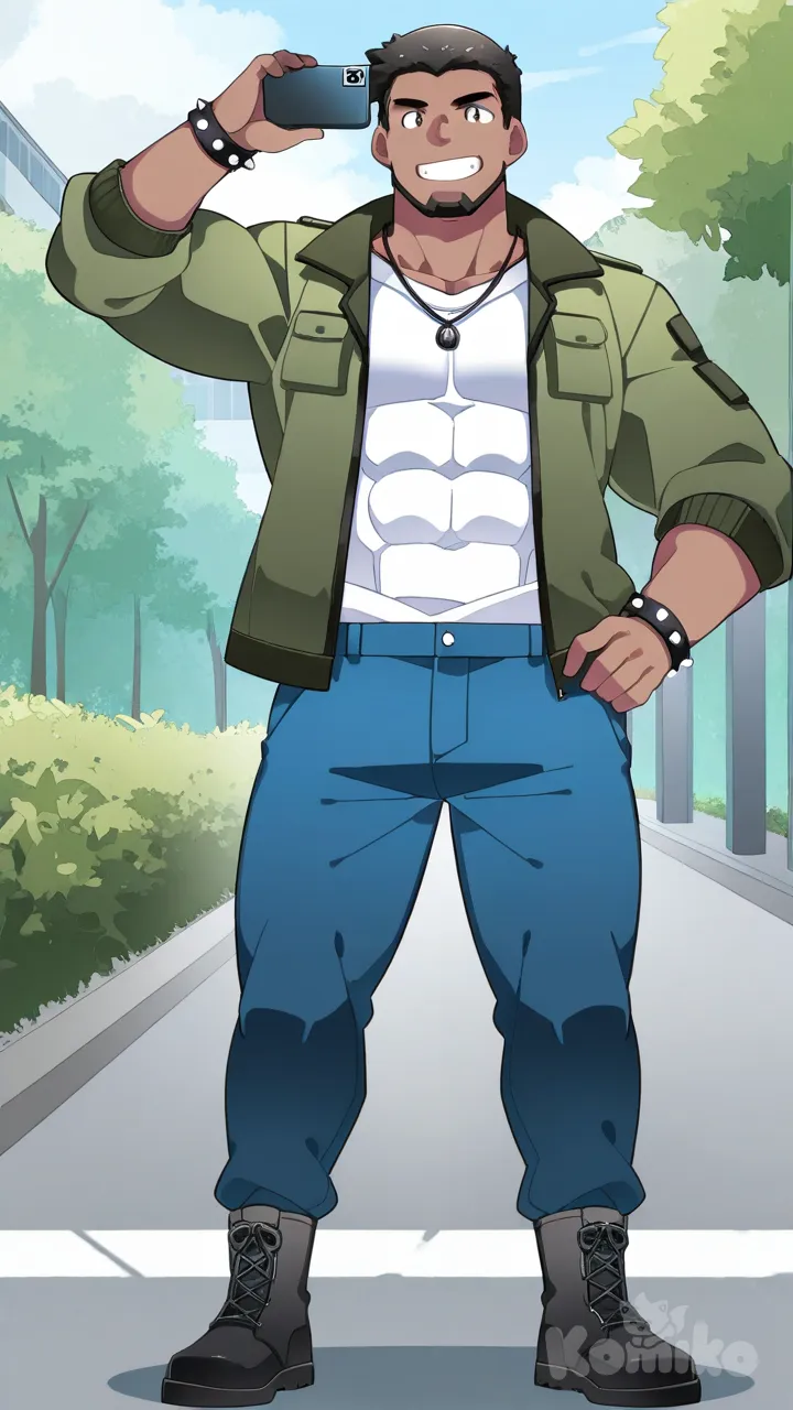 1man, muscular, hunk, bodybuilder, abs, chest hair, beard, masculine, bara, bulging muscles, thick thighs, broad shoulders, strong, dominant, virile, mature, rugged, facial hair, body hair, beefy, macho, manly, toned, powerful, defined, athletic, fit, handsome, attractive, hammer (sunset beach), full body, black hair, blue casual pants, t-shirt, combat boots, necklace, spiked bracelet, anime coloring, selfie, outdoor adventure jacket, smile, long sleeves