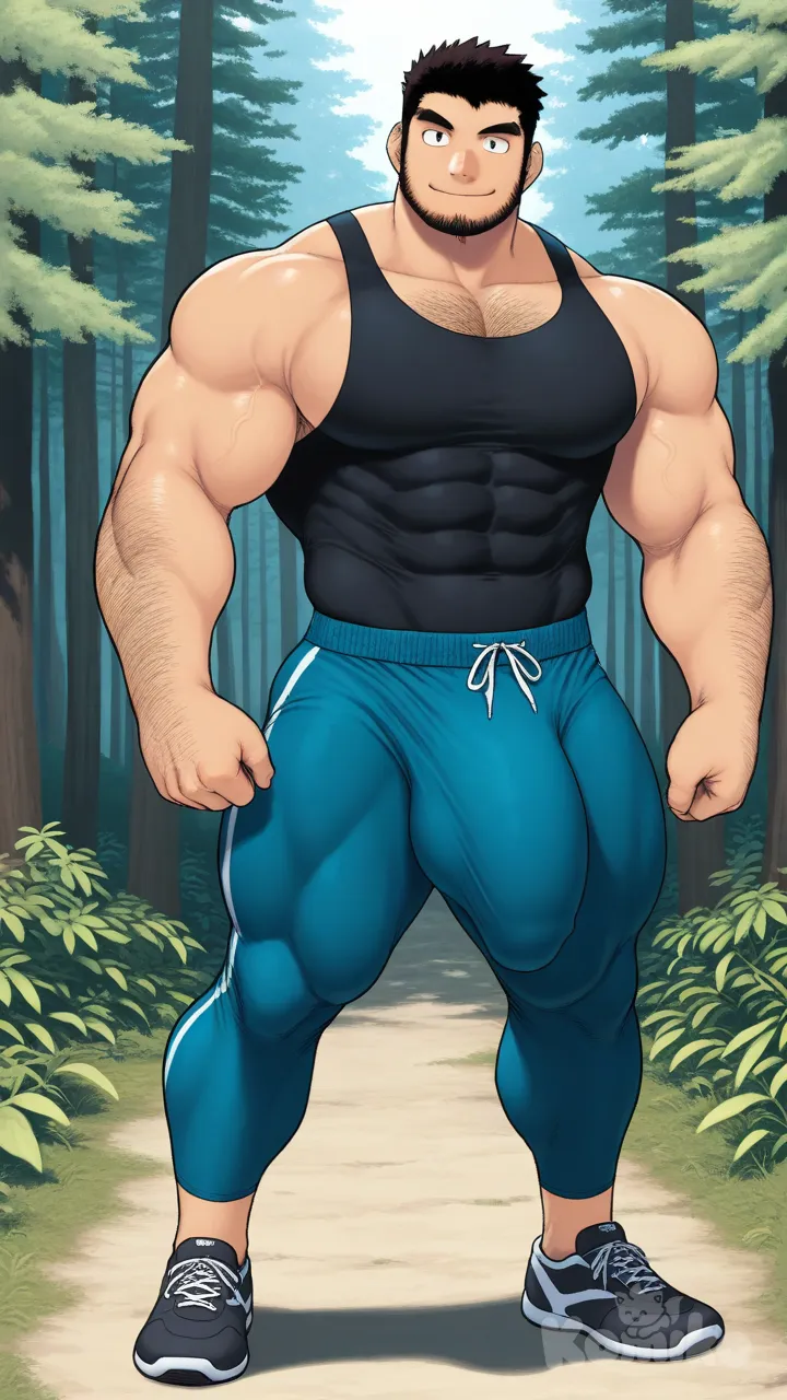 muscular, hairy, hunk, bodybuilder, abs, beard, masculine, bara, bulging muscles, thick thighs, broad shoulders, strong, dominant, virile, mature, rugged, body hair, beefy, macho, manly, toned, powerful, well-built, brawny, ripped, shredded, chiseled, defined, athletic, fit, handsome, attractive, black hair, smile, full body, tsukudani (coke-buta), forest, huge penis, no nude, sports pants, black tank top