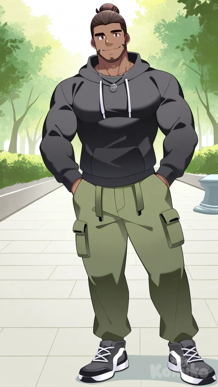 muscular, hunk, bodybuilder, abs, masculine, bara, bulging muscles, thick thighs, broad shoulders, strong, dominant, virile, mature, rugged, body hair, beefy, macho, manly, toned, powerful, well-built, brawny, ripped, shredded, chiseled, defined, athletic, fit, handsome, attractive, full body, slicked-back hair, man bun, hoodie, cargo pants, smile, hammer (sunset beach), park, necklace, t-shirt, Slim Body, long sleeves