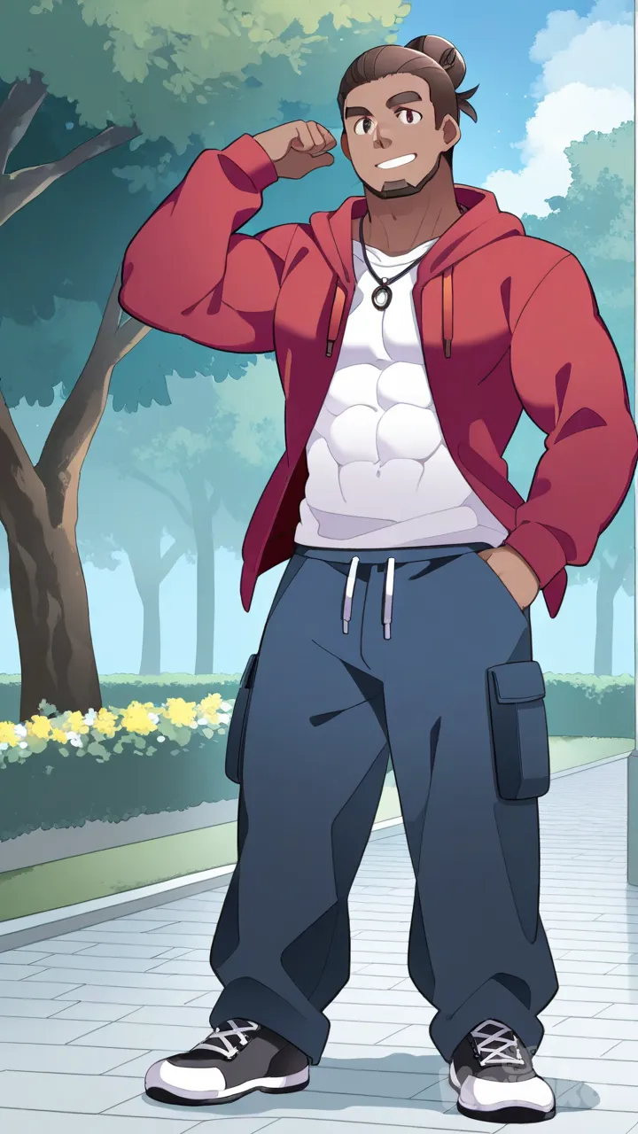 muscular, hunk, bodybuilder, abs, masculine, bara, bulging muscles, thick thighs, broad shoulders, strong, dominant, mature, rugged, body hair, beefy, macho, manly, toned, powerful, well-built, brawny, ripped, shredded, chiseled, defined, athletic, fit, handsome, attractive, full body, slicked-back hair, man bun, hoodie, cargo pants, smile, hammer (sunset beach), park, necklace, t-shirt, Slim Body, long sleeves