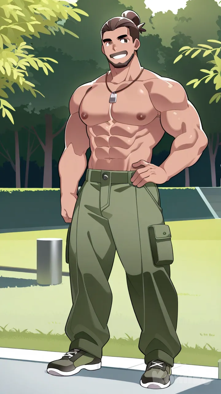 muscular, hunk, bodybuilder, abs, masculine, bara, bulging muscles, thick thighs, broad shoulders, strong, dominant, mature, rugged, body hair, beefy, macho, manly, toned, powerful, well-built, brawny, ripped, shredded, chiseled, defined, athletic, fit, handsome, attractive, full body, slicked-back hair, man bun, cargo pants, smile, hammer (sunset beach), park, necklace, Slim Body, long sleeves