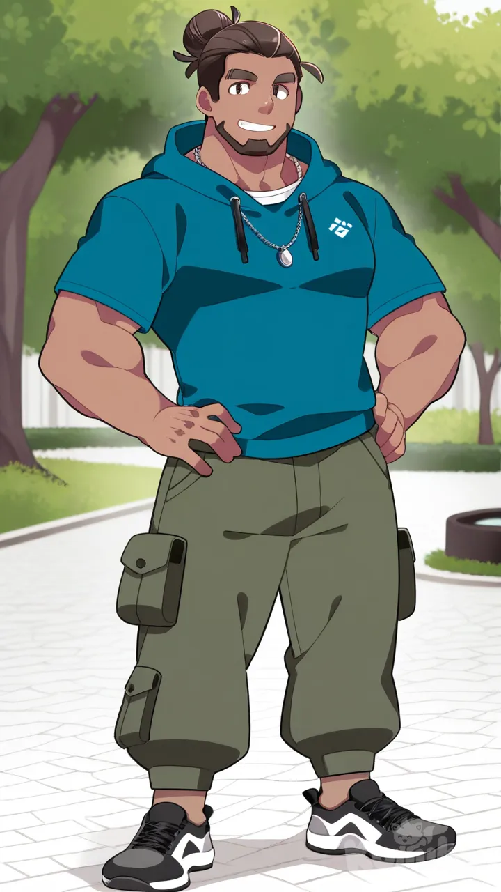 muscular, hunk, bodybuilder, abs, masculine, bara, bulging muscles, thick thighs, broad shoulders, strong, dominant, virile, mature, rugged, body hair, beefy, macho, manly, toned, powerful, well-built, brawny, ripped, shredded, chiseled, defined, athletic, fit, handsome, attractive, full body, slicked-back hair, man bun, hoodie, cargo pants, smile, hammer (sunset beach), park, necklace, t-shirt