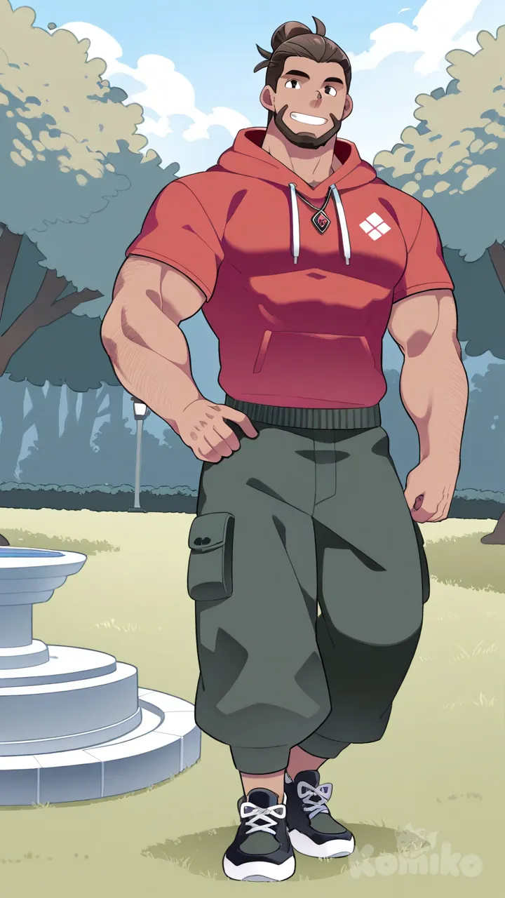 muscular, hunk, bodybuilder, abs, masculine, bara, bulging muscles, thick thighs, broad shoulders, strong, dominant, virile, mature, rugged, body hair, beefy, macho, manly, toned, powerful, well-built, brawny, ripped, shredded, chiseled, defined, athletic, fit, handsome, attractive, full body, slicked-back hair, man bun, hoodie, cargo pants, smile, hammer (sunset beach), park, necklace, t-shirt, Slim Body