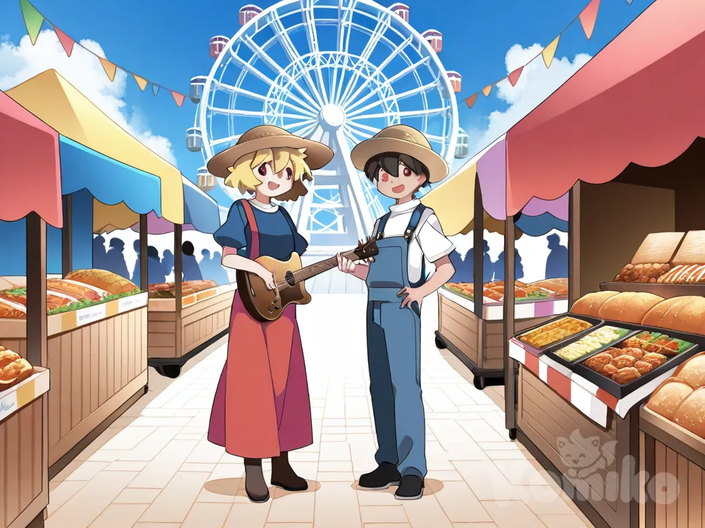 Two men, one older with dark wavy hair and one younger wearing a straw hat, are examining a display of anime-style trading cards at a street market. The older man, wearing a white shirt and a red cloth draped over his shoulders, points towards the cards with a smile, while the younger boy, in a blue shirt, points at a specific card with a look of interest. The display is mounted on a wooden cart. The setting is a festive outdoor market in front of a church, with a Ferris wheel and strings of colorful flags in the background. Other people, including musicians playing guitars, are milling about, and vendors sell food like "Esquites." The scene is bright and cheerful, with a warm color palette of yellows, reds, and blues. The overall style is reminiscent of a cartoon or animated film, with clean lines and stylized features. The perspective is from a slightly low angle, providing a wide view of the scene, hammer (sunset beach), full body