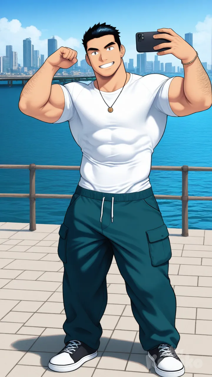 muscular, hairy, hunk, bodybuilder, abs, masculine, bara, bulging muscles, thick thighs, broad shoulders, strong, dominant, virile, mature, rugged, body hair, beefy, macho, manly, toned, powerful, well-built, brawny, ripped, shredded, chiseled, defined, athletic, fit, handsome, attractive, black hair, mature, striking heroic pose, highly defined musculature, ultra-anatomy, sharp anime linework, dynamic lighting, vibrant colors, dramatic shading, wind-swept hair, intricate textures on skin and clothing, cinematic high-resolution, epic atmosphere, tsukudani (coke-buta), full body, t-shirt, cargo pants, bracelet, slicked-back hair, cityscape, pier, smile, selfie, necklace
