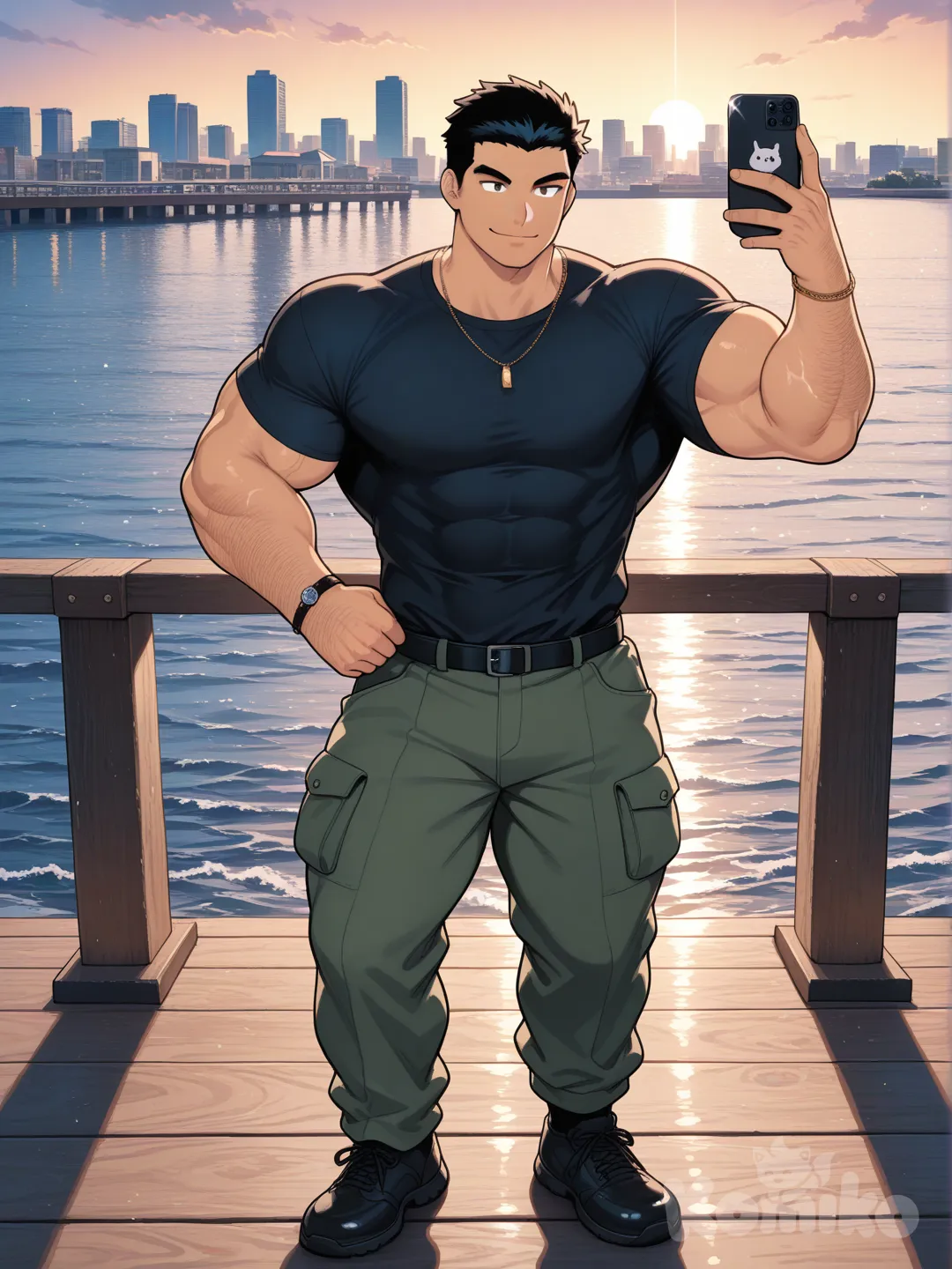muscular, hairy, hunk, bodybuilder, abs, masculine, bara, bulging muscles, thick thighs, broad shoulders, strong, dominant, virile, mature, rugged, body hair, beefy, macho, manly, toned, powerful, well-built, brawny, ripped, shredded, chiseled, defined, athletic, fit, handsome, attractive, black hair, mature, striking heroic pose, highly defined musculature, ultra-anatomy, sharp anime linework, dynamic lighting, vibrant colors, dramatic shading, wind-swept hair, intricate textures on skin and clothing, cinematic high-resolution, epic atmosphere, tsukudani (coke-buta), full body, t-shirt, cargo pants, bracelet, slicked-back hair, cityscape, pier, smile, selfie, necklace