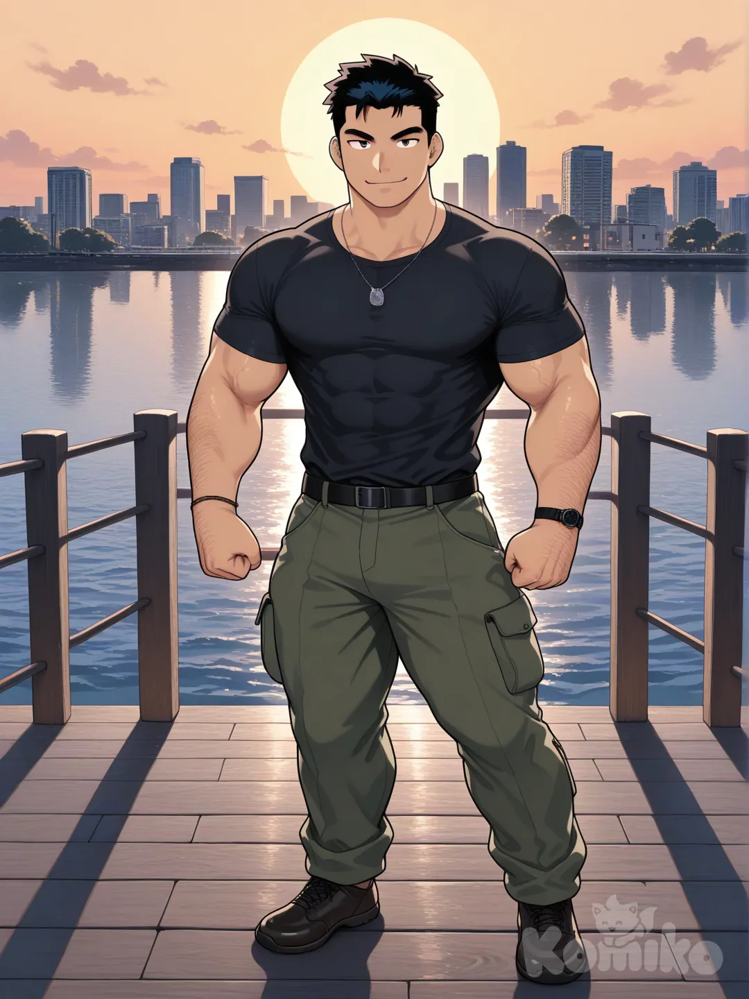 muscular, hairy, hunk, bodybuilder, abs, masculine, bara, bulging muscles, thick thighs, broad shoulders, strong, dominant, virile, mature, rugged, body hair, beefy, macho, manly, toned, powerful, well-built, brawny, ripped, shredded, chiseled, defined, athletic, fit, handsome, attractive, black hair, mature, striking heroic pose, highly defined musculature, ultra-anatomy, sharp anime linework, dynamic lighting, vibrant colors, dramatic shading, wind-swept hair, intricate textures on skin and clothing, cinematic high-resolution, epic atmosphere, tsukudani (coke-buta), full body, t-shirt, cargo pants, bracelet, slicked-back hair, cityscape, pier, smile, selfie, necklace