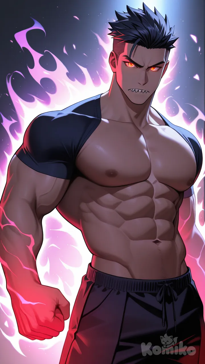 Anime-style muscular man, heroic pose, sharp jawline, glowing eyes, spiky hair, ultra-shading, dynamic background, vibrant colors