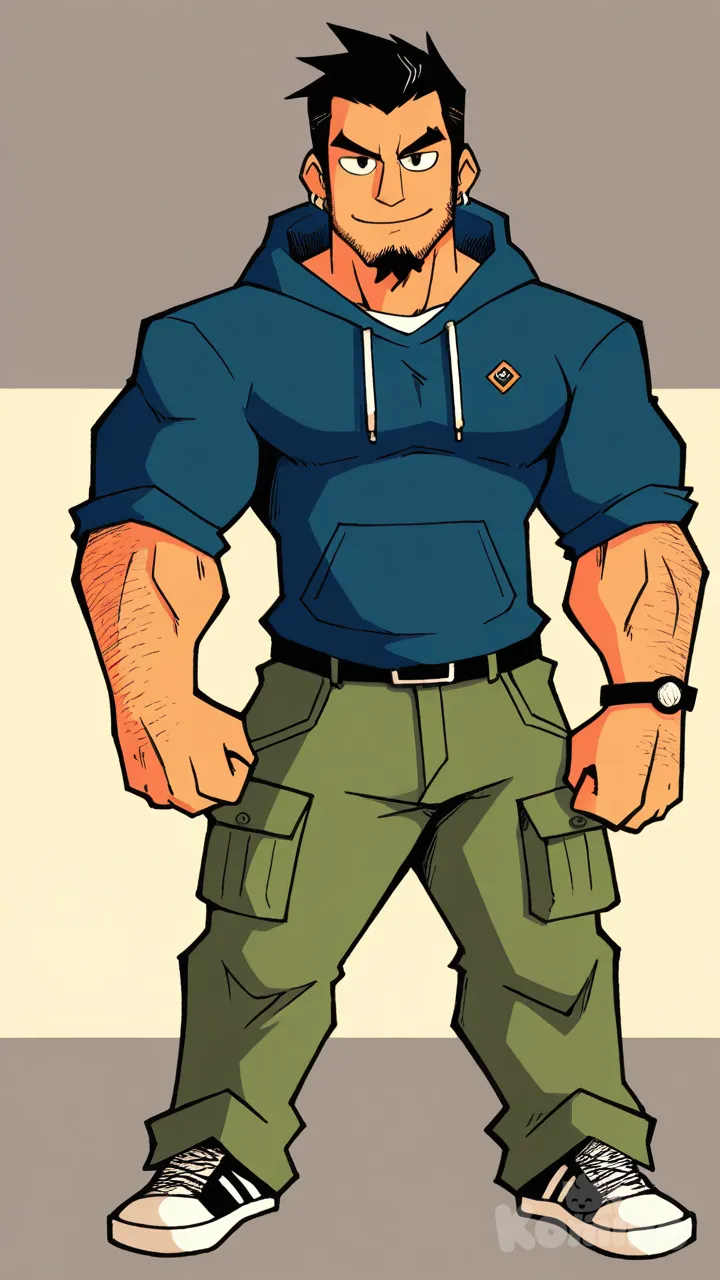 muscular, hairy, hunk, bodybuilder, abs, masculine, bara, bulging muscles, thick thighs, broad shoulders, strong, mature, rugged, body hair, beefy, macho, manly, toned, powerful, well-built, brawny, ripped, shredded, chiseled, defined, athletic, fit, handsome, attractive, black hair, Muscular man, striking heroic pose, highly defined musculature, ultra-anatomy, vibrant colors, high-resolution, full body, smile, hoodie, cargo pants, earrings, bracelet, slicked-back hair, setz, t-shirt