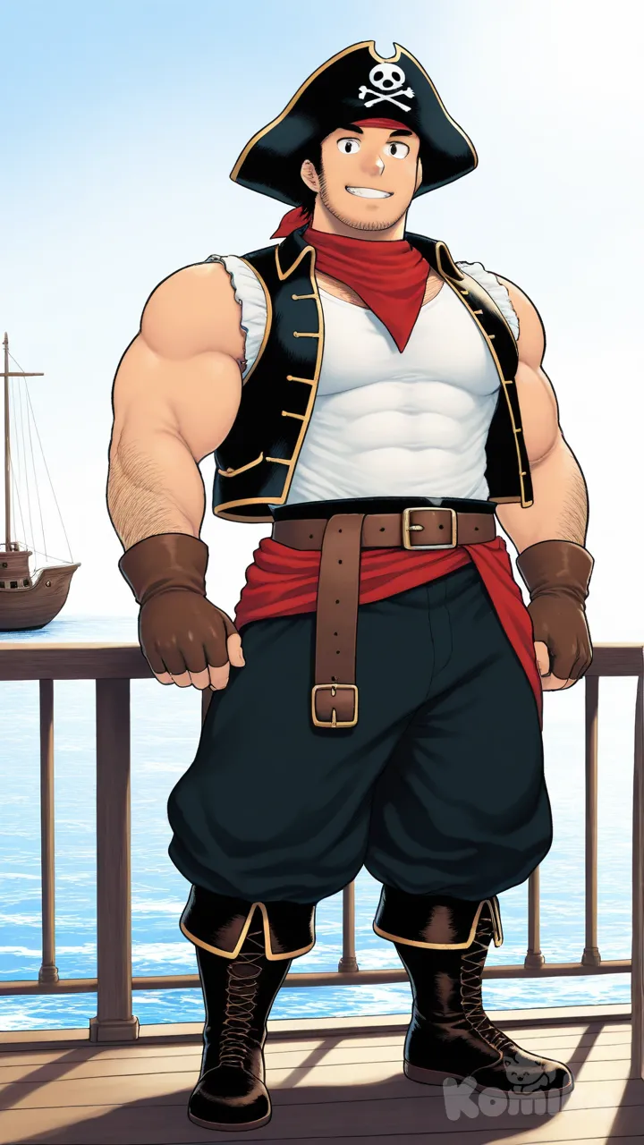 muscular, hairy, hunk, bodybuilder, abs, masculine, bara, bulging muscles, thick thighs, broad shoulders, strong, mature, rugged, body hair, beefy, macho, manly, toned, powerful, well-built, brawny, ripped, shredded, chiseled, defined, athletic, fit, handsome, attractive, black hair, Muscular man, vibrant colors, high-resolution, Pirate outfit, worn tricorn hat with gold trim, loose white linen shirt slightly open at the chest, dark leather vest, wide sash around the waist, weathered belt with metal buckle, baggy trousers tucked into tall leather boots, fingerless leather gloves, bandana, aged and rugged fabrics, maritime and adventurous style, high detail, Pirate ship, ocean, tsukudani (coke-buta), smile