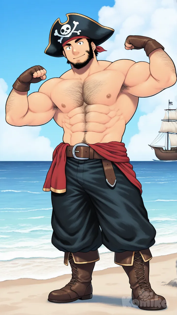 muscular, hairy, hunk, bodybuilder, abs, masculine, bara, bulging muscles, thick thighs, broad shoulders, strong, mature, rugged, body hair, beefy, macho, manly, toned, powerful, well-built, brawny, ripped, shredded, chiseled, defined, athletic, fit, handsome, attractive, black hair, Muscular man, vibrant colors, high-resolution, Pirate outfit, worn tricorn hat with gold trim, loose white linen shirt slightly open at the chest, dark leather vest, wide sash around the waist, weathered belt with metal buckle, baggy trousers tucked into tall leather boots, fingerless leather gloves, bandana, aged and rugged fabrics, maritime and adventurous style, high detail, Pirate ship, ocean, beach, tsukudani (coke-buta), smile, flexing, Kissing his biceps