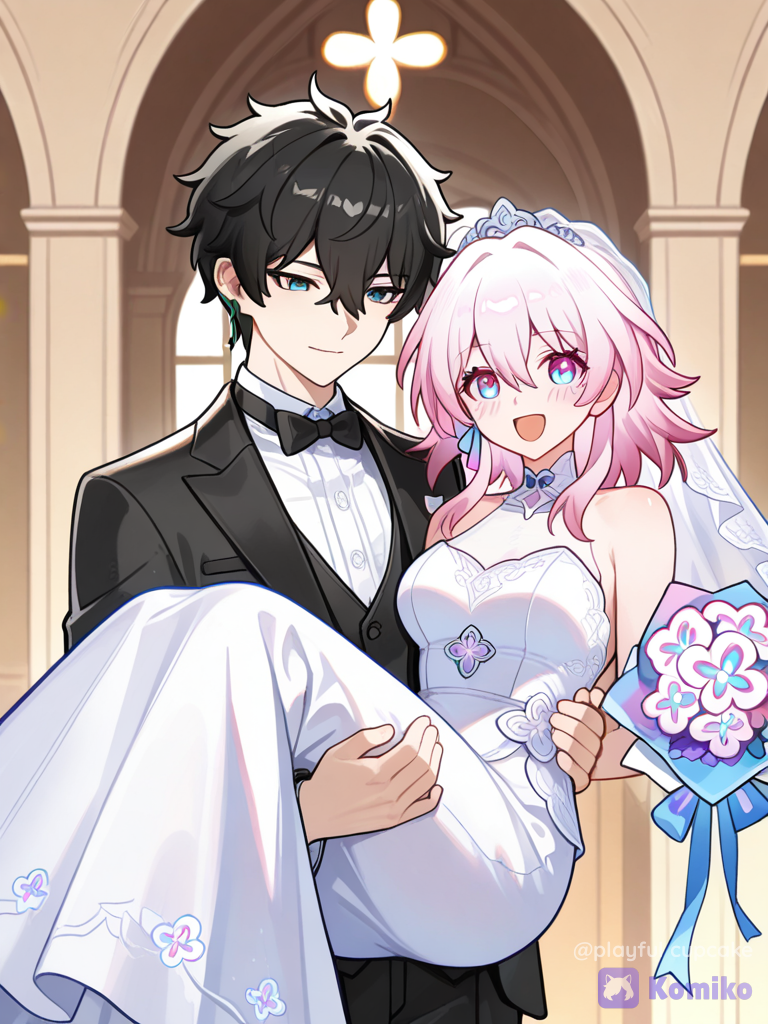 @March_7Th_(Honkai:_Star_Rail), wedding dress, @Dan_Heng_(Honkai:_Star_Rail),wedding suit,The two of them got married, carrying female,party for wedding