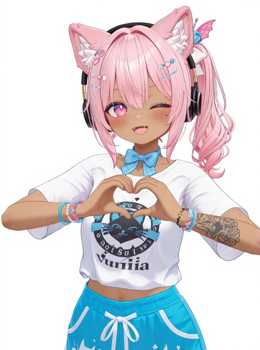 1girl, result-1760591876804, pastel colors, middle-aged, athletic, very large breasts, pink hair, pink eyes, purple eyes, tattoo, olive skin, tan skin, single character, full body, looking at viewer, anime style, simple background, white background