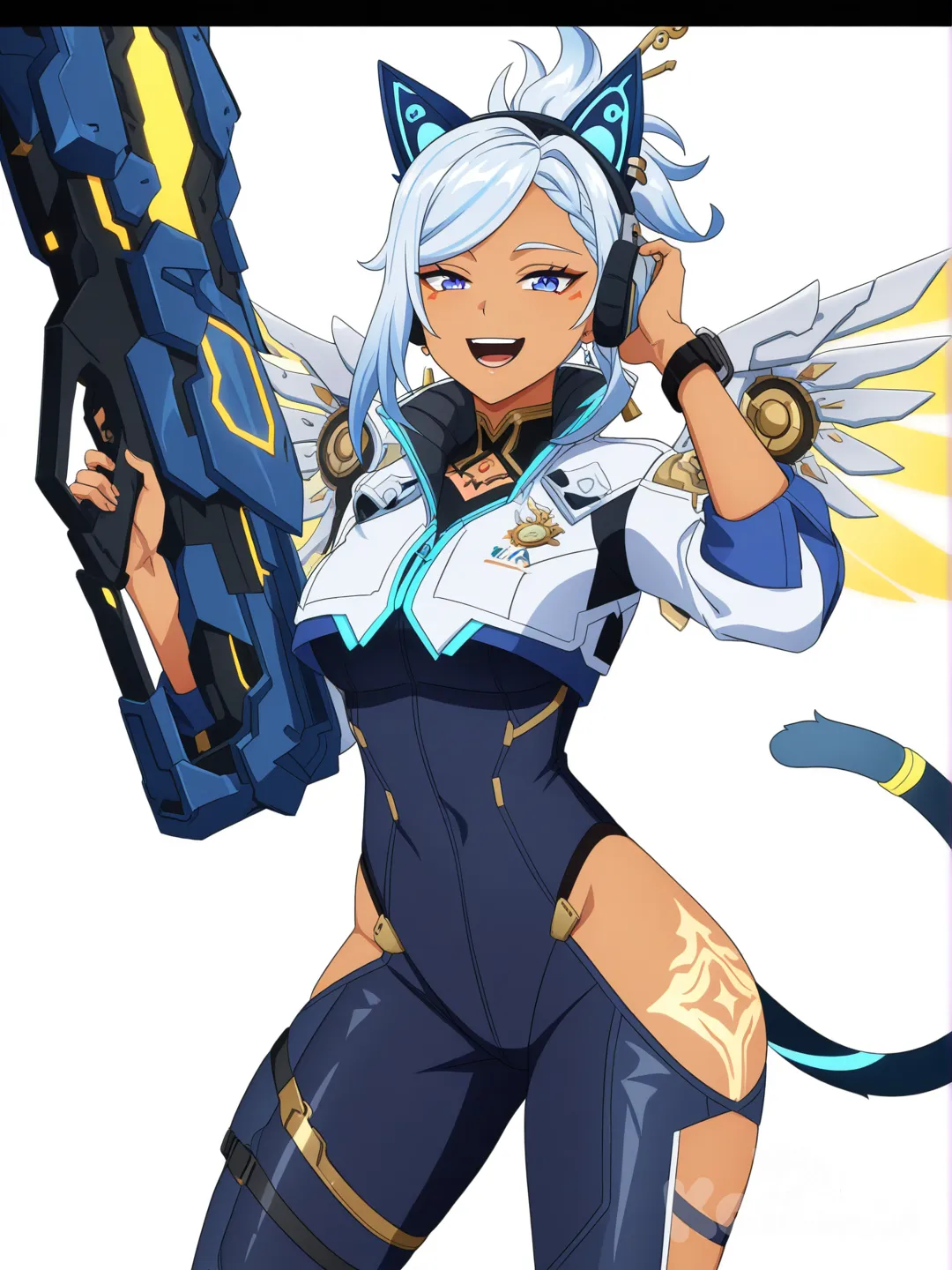 [pop-anime-style] 1girl, genshin_impact, cyberpunk, mature_female, athletic, curvy, medium_breasts, long_hair, ponytail, silver_hair, blue_hair, blue_eyes, golden_tattoo, tanned_skin, hairpin, headphones, blue_cat_ears, mechanical_angel_wings, digital_watch, earrings, futuristic_tight-fitting_armor, holding_plasma_cannon_(left_hand), laughing, smile, single_character, full_body, looking_at_viewer, anime_style, simple_background, white_background