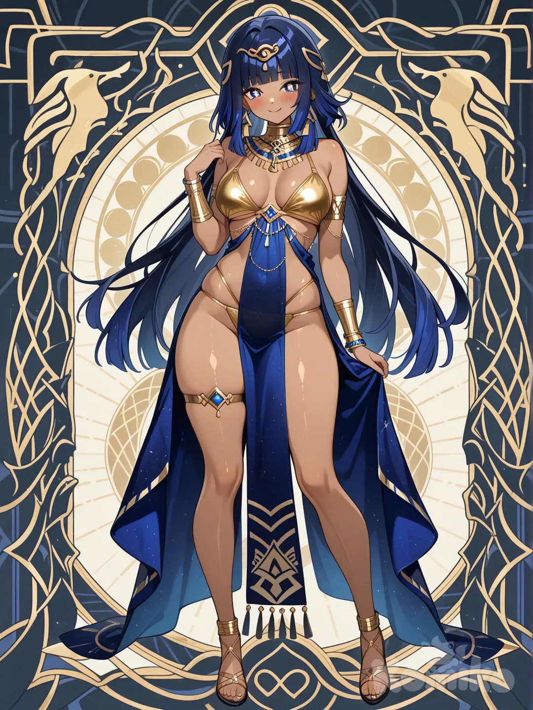 1 fille, style Genshin Impact, femme mature, grande, corpulence athlétique, peau foncée, peau bronzée, peau olive, égyptienne, métisse, peau brillante, cheveux très longs, cheveux jusqu'aux genoux, cheveux bleus, yeux bleus, sourire, rougissement, yeux scintillants, bijoux de l'Égypte ancienne, beaucoup de bijoux, grand collier égyptien, bijoux de bras, bijoux de cuisse, bijoux de cheveux, bijoux sur les vêtements, soutien-gorge en or, culotte en or, décorations en saphir, détails de bijoux en argent, lignes de hanches révélatrices, vêtements sexy couvrants, accents dorés sur le tissu, tissu rectangulaire bleu foncé sur la culotte, personnage unique, corps entier, regardant le spectateur, style anime, fond égyptien des tissus cache les sous-vêtements pour plus de pudeur avec beaucoup de vetement couvrant des vetements par dessus les sous vetements poitrine moyenne cuisse normale et elle porte des vrais vetements