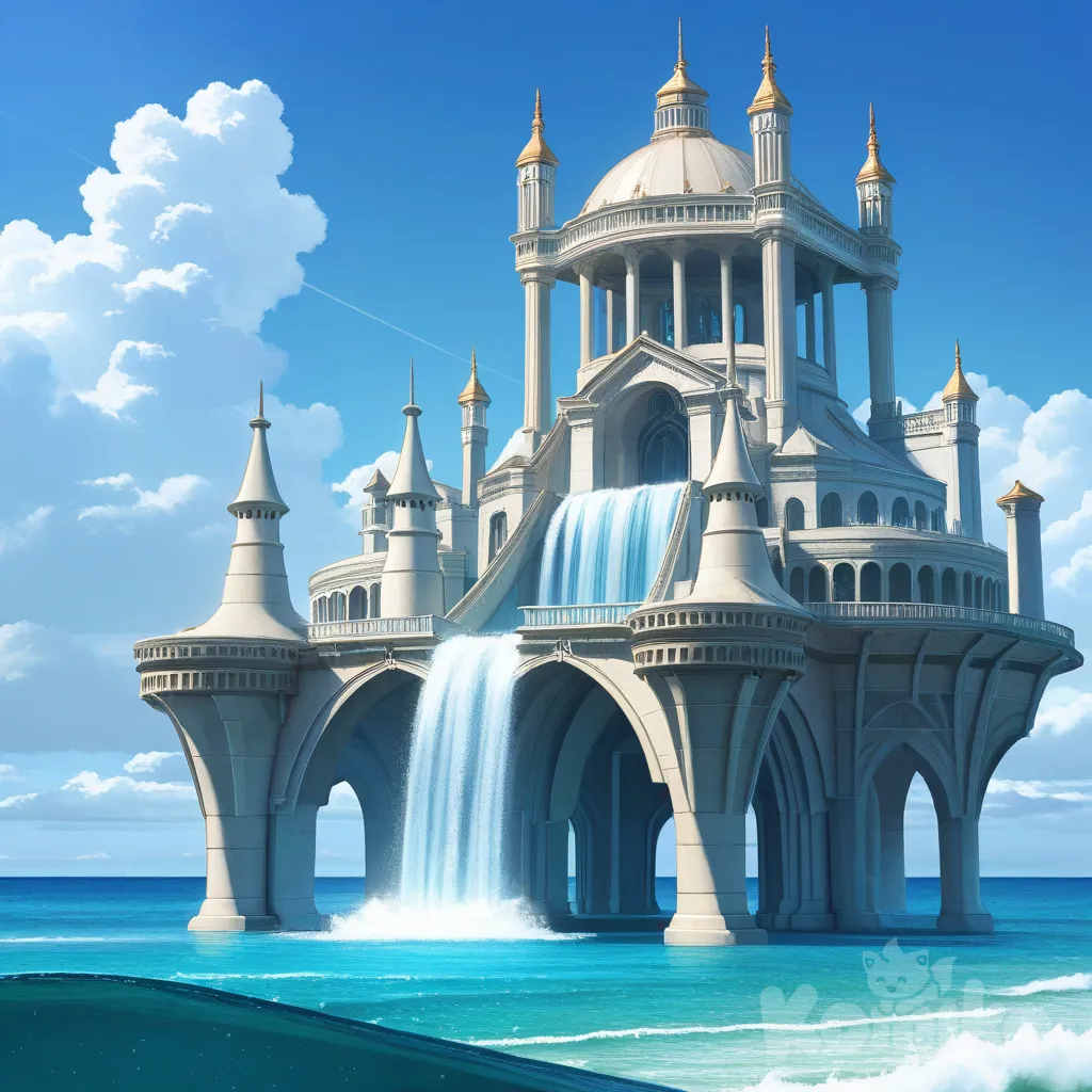A megastructure with S-shaped arches everywhere and fountains sprouting form the top and sides stands in the middle of the unending ocean, its shapes smooth and white, its pillars curvy without creases or sharp bends, its borders all elevated seaports, towering reaching the sky, photo (medium)