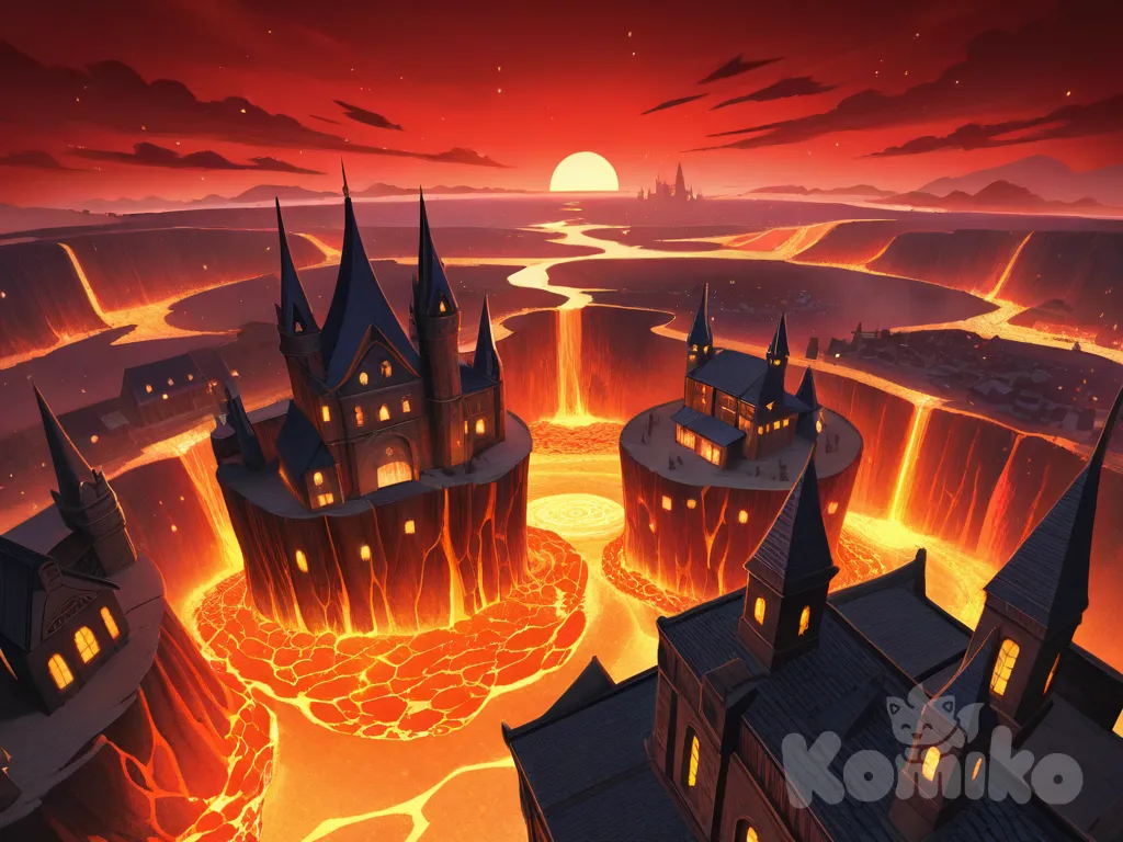 Bird's eye wide-shot of an ancient city made of solidified fire, pillars made of glowing hot red stone, temples standing tall in the sky, giant fiery spikes pointing outwards, molten lava flowing like waterfalls and fountains throughout the city, tiny castle-like houses dotting the city floor, the whole city standing on an ocean of lava under the red night sky.