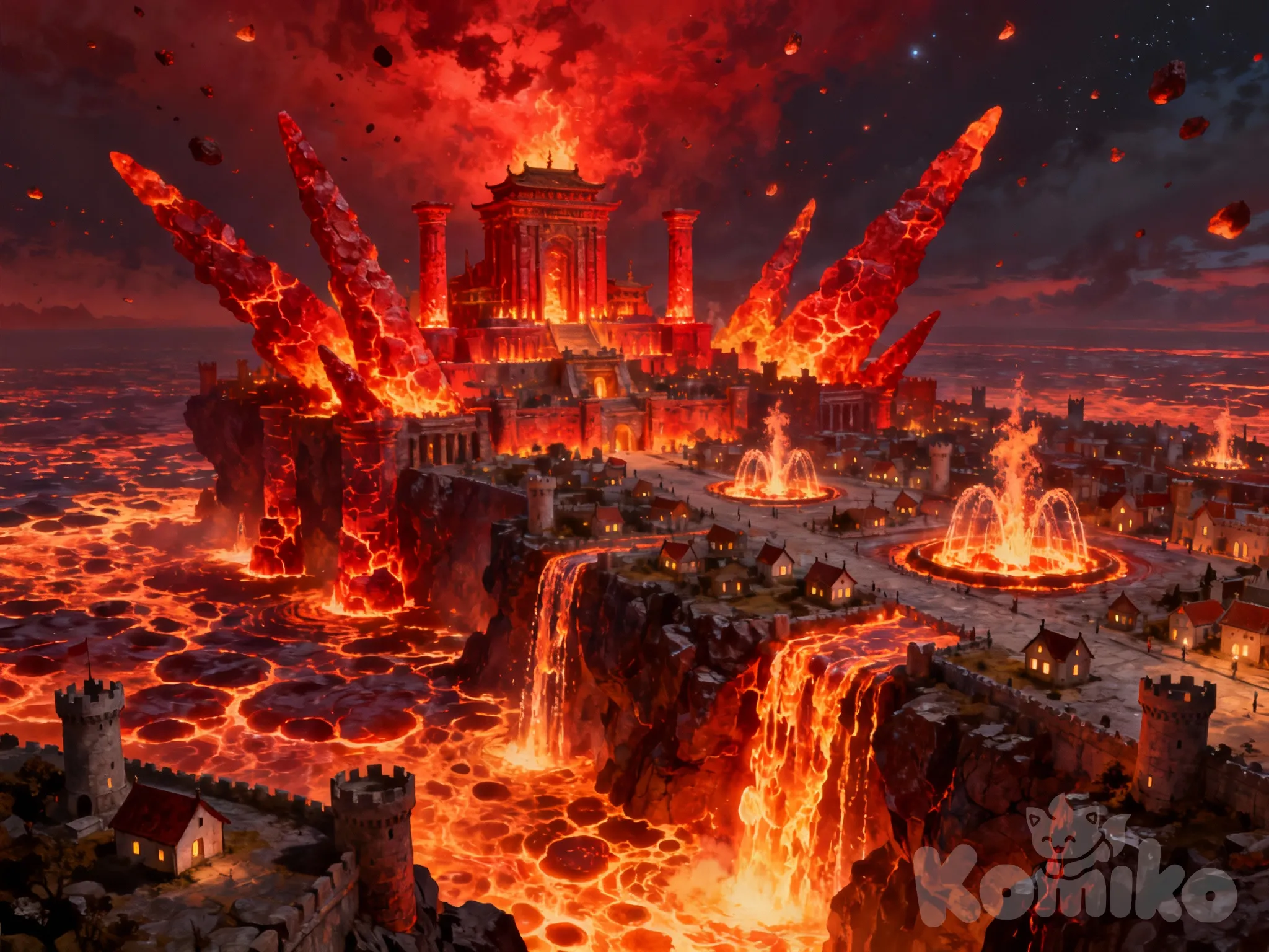 Bird's eye wide-shot of an ancient city made of solidified fire, pillars made of glowing hot red stone, temples standing tall in the sky, giant fiery spikes pointing outwards, molten lava flowing like waterfalls and fountains throughout the city, tiny castle-like houses dotting the city floor, the whole city standing on an ocean of lava under the red night sky.