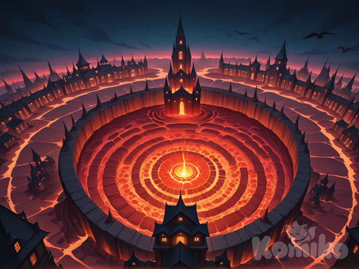 Bird's eye wide-shot of an ancient city made of solidified fire, pillars made of glowing hot red stone, temples standing tall in the sky, giant fiery spikes pointing outwards, molten lava flowing like waterfalls and fountains throughout the city, tiny castle-like houses dotting the city floor, the whole city standing on an ocean of lava under the red night sky.