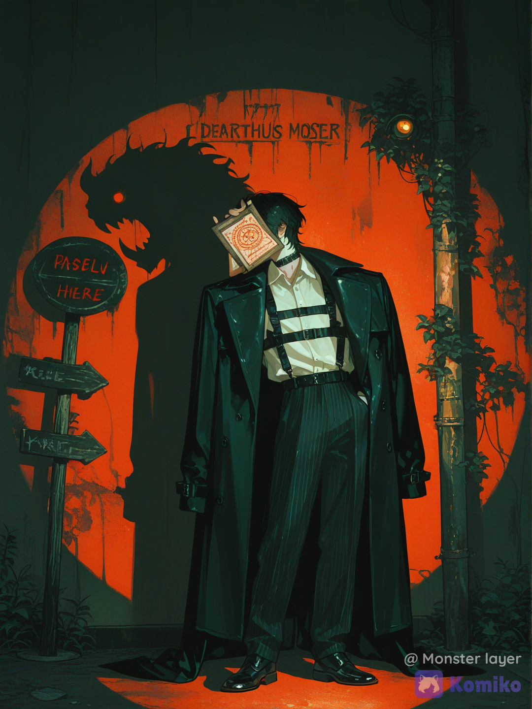 @incubus-joename-demon-namebarthamusmonster-layer-oc-QBEH, wearing black pinstripes dress pants, black dress shoes, black pinstripes double breasted vest, white dress shirt tucked into black dress pants, wearing Black leather chest harness, wearing a a black leather chocker, long black trench coat draped on shoulders, leaning against a wooden light pole under the spotlight standing at a back woods crossroads intersection at night, looking at viewer holding a old soul contract scroll with glowing blood red demonic text with sign here at the bottom on the scroll looking at viewer grinning devilish, creepy atmosphere, eyes glowing in the shadows, full body, side profile photo, [sensual-glossy-style], wide shot