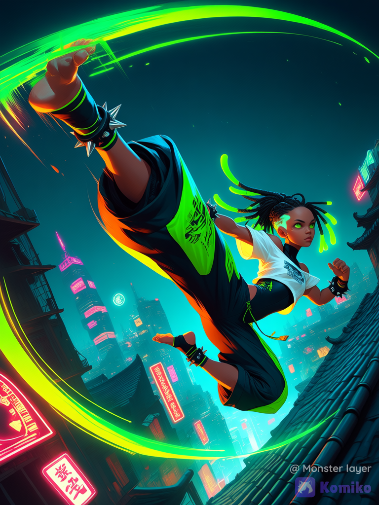 Tall African women lean muscle, small breasts, wide pear shaped figure, green cybernetic eyes, with black and neon green highlight tips long tight dreadlocks parted down the middle hairstyle, wearing a cyberpunk style green and black long neck compression sleeveless leotard with a off-the-shoulder u-shaped short sleeve oversized white translucent fabric cropped shirt with cyberpunk style graphic design on the shirt, wearing neon green and black cyberpunk style baggy carpri pants, wearing Black ankle stirrups, wearing cyberpunk style spiked bracelets, throwing a powerful Taekwondo flyer axekick, kick leaving a neon green after image, high angle shot, realistic Cinematic high detail, in a Asian style cyberpunk rooftop with a neon-lit cyberpunk cityscape in the background