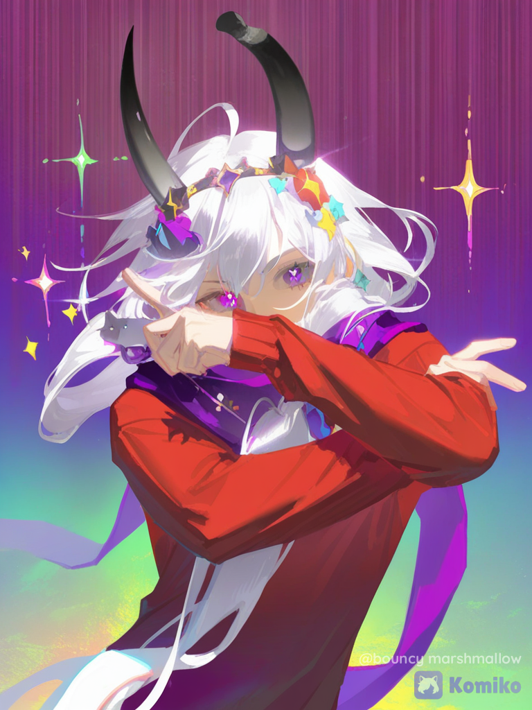 [aqua-dreamlight-style], 1boy
Haz una imagen de un chico androgino pelo blanco y largo tiene una coleta en la parte delantera de su cabeza
Y mechones en su rostro una bufanda morada un sueter rojo y un ojo q es una estrella
Y decoraciones en su pelo y un pequeño cuerno negro e la parte izquierda de su cabeza estilo friday nights funky o funk o colores variados y chillones