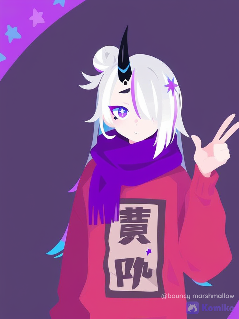 [flat-illustration-style], 1boy
Haz una imagen de un chico androgino pelo blanco y largo tiene una coleta en la parte delantera de su cabeza
Y mechones en su rostro una bufanda morada un sueter rojo y un ojo q es una estrella
Y decoraciones en su pelo y un pequeño cuerno negro e la parte izquierda de su cabeza estilo friday nights funky o funk o colores variados y chillones
