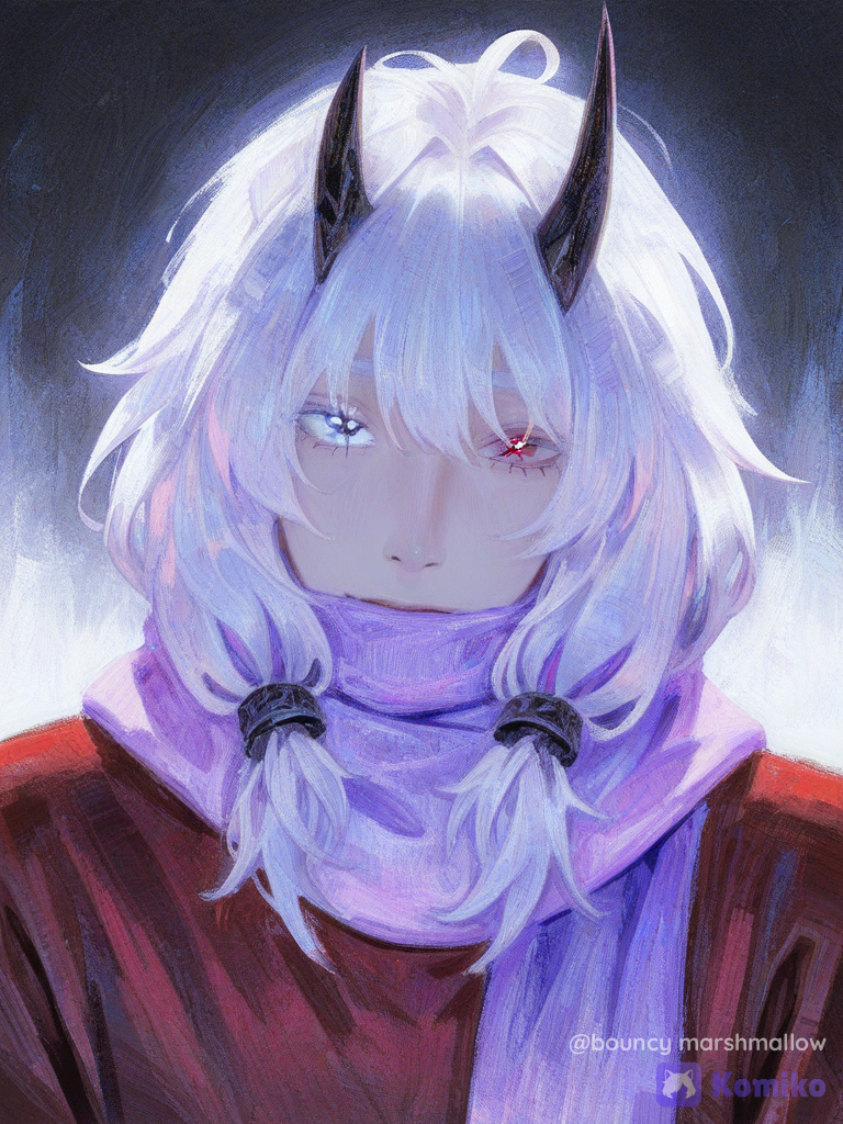 [gothic-oil-painting-style], 1boy
Haz una imagen de un chico androgino pelo blanco y largo tiene una coleta en la parte delantera de su cabeza
Y mechones en su rostro una bufanda morada un sueter rojo y un ojo q es una estrella
Y decoraciones en su pelo y un pequeño cuerno negro e la parte izquierda de su cabeza estilo friday nights funky o funk o colores variados y chillones