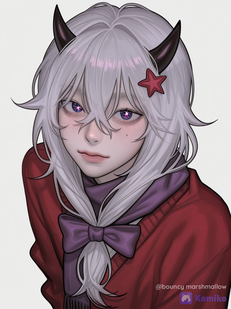 [digital-painterly-style], 1boy
Haz una imagen de un chico androgino pelo blanco y largo tiene una coleta en la parte delantera de su cabeza
Y mechones en su rostro una bufanda morada un sueter rojo y un ojo q es una estrella
Y decoraciones en su pelo y un pequeño cuerno negro e la parte izquierda de su cabeza estilo friday nights funky o funk o colores variados y chillones