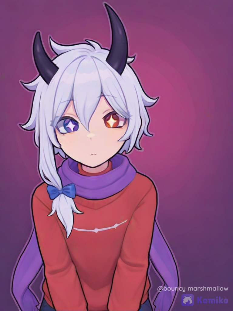 [3d-anime-game-style], 1boy
Haz una imagen de un chico androgino pelo blanco y largo tiene una coleta en la parte delantera de su cabeza
Y mechones en su rostro una bufanda morada un sueter rojo y un ojo q es una estrella
Y decoraciones en su pelo y un pequeño cuerno negro e la parte izquierda de su cabeza estilo friday nights funky o funk o colores variados y chillones