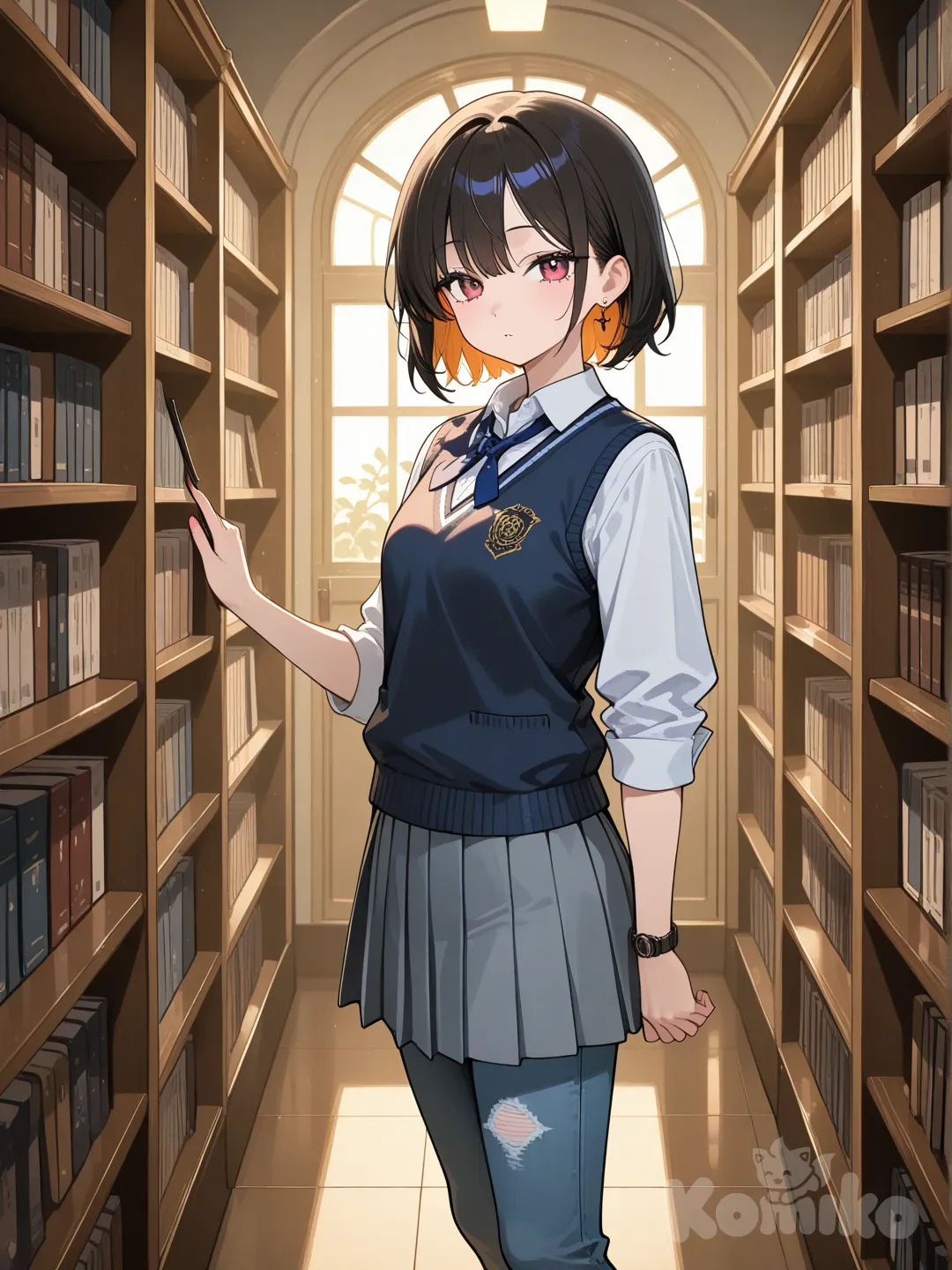 1girl, school vest, jeans, pleated skirt, looking at viewer, ambient light, library