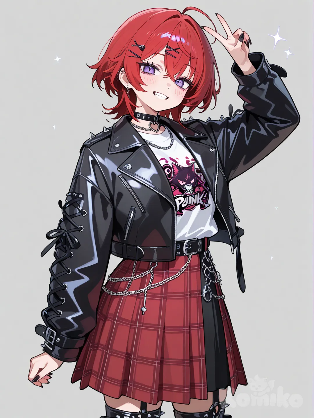 v sign, punk leather jacket, 1girl