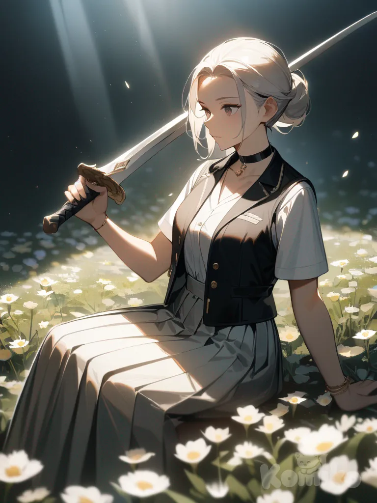 1girl, sitting on the ground, holding sword, expressionless, vest, pleated skirt, choker, bracelet, slicked-back hair, ivory white, wide shot, ambient light, flower field