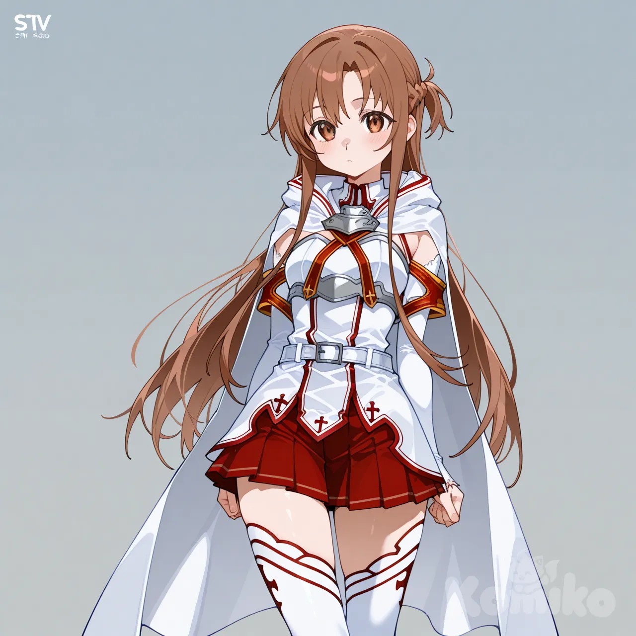 asuna (sao), 1girl, solo, brown hair, long hair, brown eyes, braid, half updo, white top, detached sleeves, cross motif, belt, white cape, red pleated skirt, white thighhighs, white boots