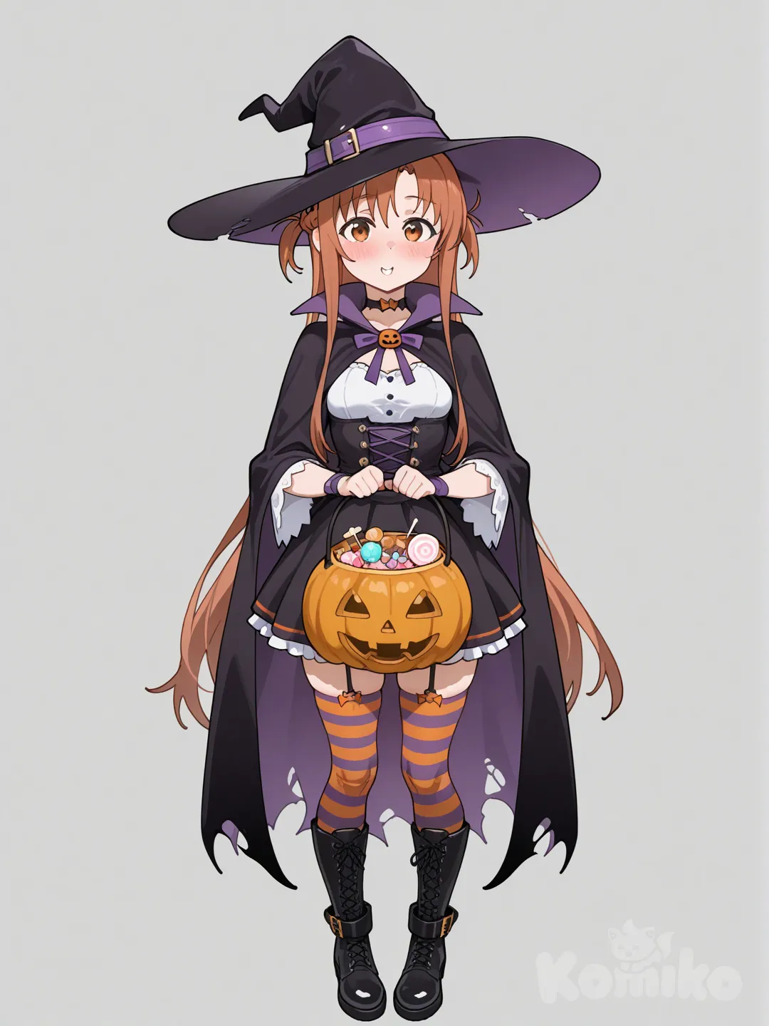 asuna (sao), halloween, halloween costume, witch, halloween bucket, candy