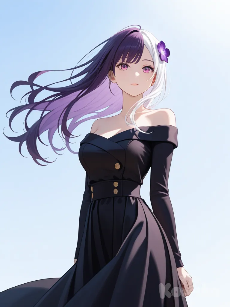 1girl, b98d55c2-ac63-4306-bef4-401232991f9f, long_hair, flowing_hair, asymmetrical_hair_color, white_hair, dark_purple_hair, pink-purple_eyes, black_and_white_outfit, off_shoulder, deep_neckline, purple_flower, hair_ornament, wind, soft_lighting, blue_sky, serene, confident, elegant, alluring, one_piece_style, original, single_character, full_body, looking_at_viewer, simple_background, white_background