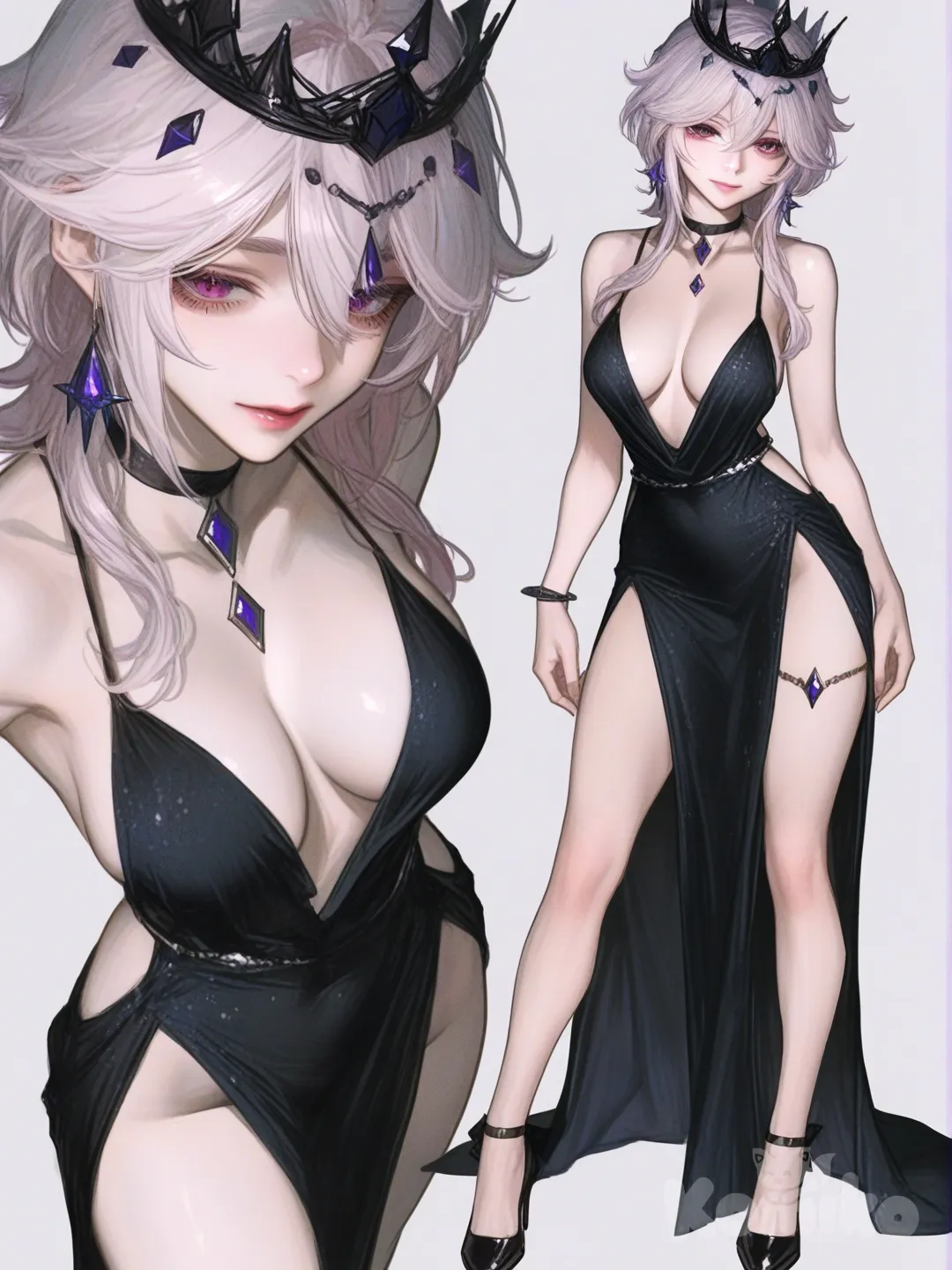 [semi-realistic-portrait-style] 1girl, genshin impact style, semi_realistic, original character, teenager, curvy, slim, white hair, purple eyes, fair skin, low-cut black evening dress, high leg slit, choker, diamond jewelry, crown, single character, full body, looking at viewer, simple background, white background