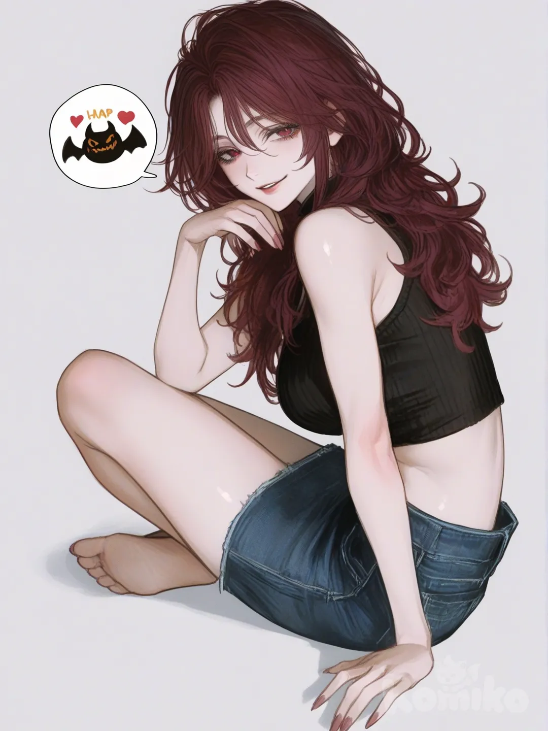 [semi-realistic-portrait-style] 1girl, american comic style, digital color comicbook style, demon, crop top, curvy, slim, maroon hair, long hair, red eyes, fair skin, denim skirt, mature, single character, full body, looking at viewer, simple background, white background