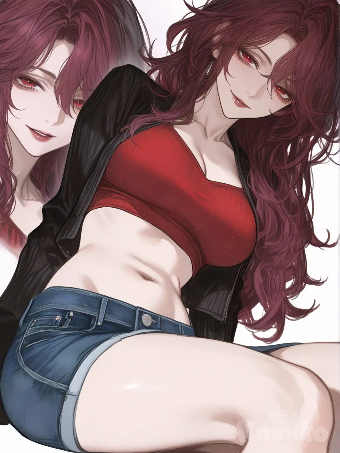 [semi-realistic-portrait-style] 1girl, american_comic_style, digital_color_comicbook_style, crop_top, curvy, slim, maroon_hair, long_hair, red_eyes, fair_skin, denim_skirt, mature_female, single_character, full_body, looking_at_viewer, simple_background, white_background