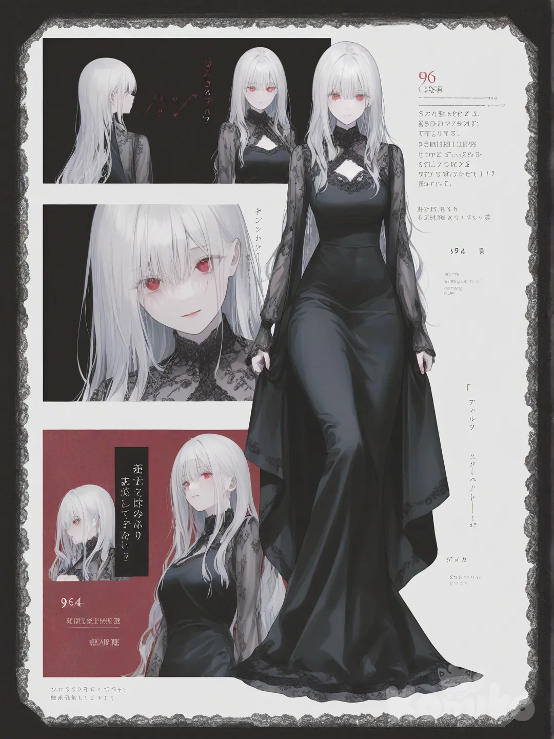 [soft-pastel-style] 1girl, vintage comic, american comic style, digital color comicbook style, marvel style, teenager, slim, curvy, white hair, long hair, red eyes, pale skin, black evening dress, lace, single character, full body, looking at viewer, simple background, white background