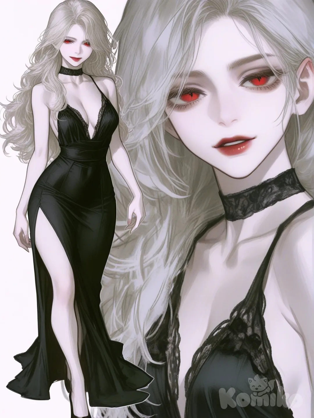 [semi-realistic-portrait-style] 1girl, vintage comic, american comic style, digital color comicbook style, marvel style, teenager, slim, curvy, white hair, long hair, red eyes, pale skin, black evening dress, lace, single character, full body, looking at viewer, simple background, white background