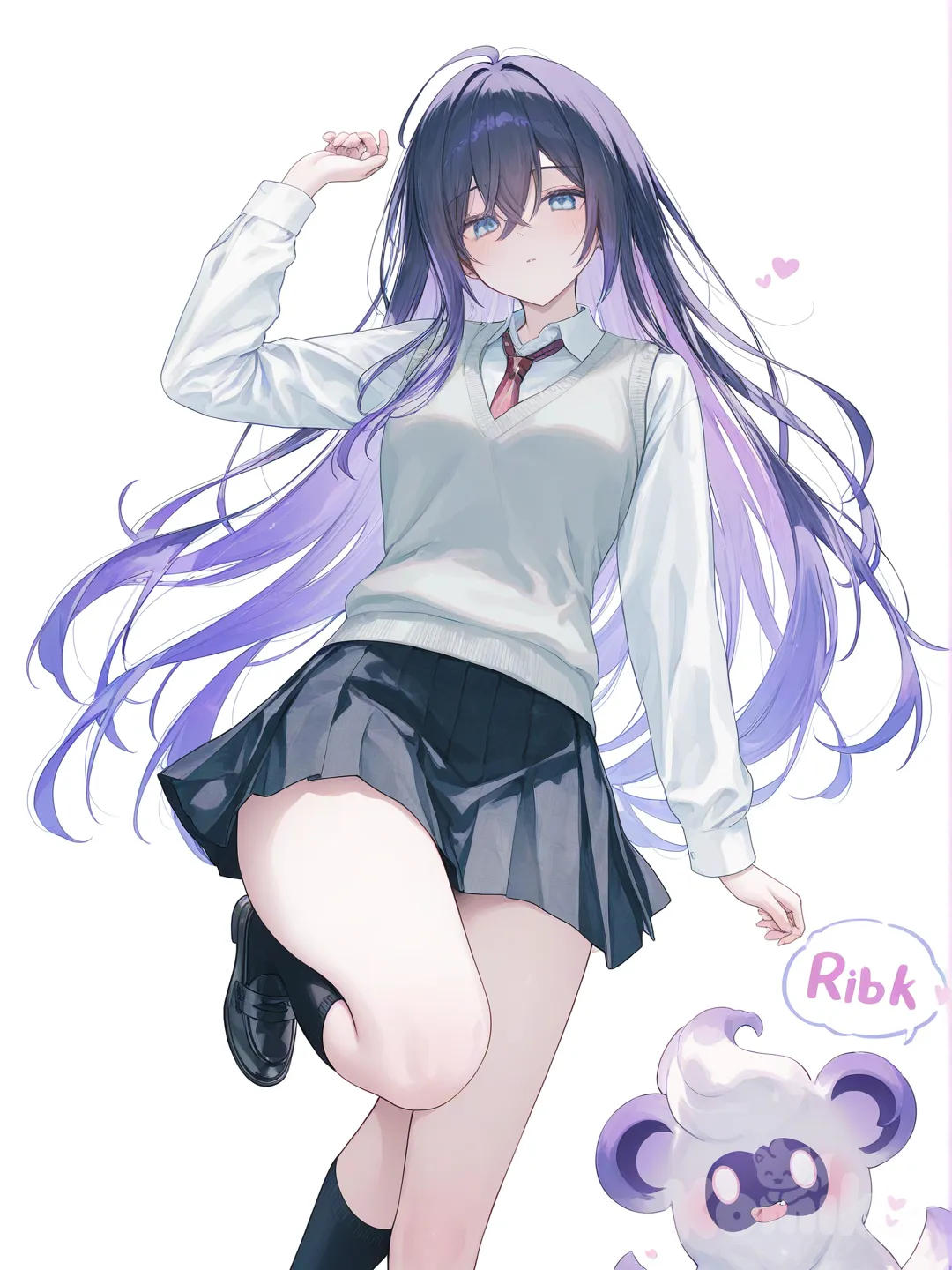 [soft-pastel-style] 1girl, teen, curvy, slim, long_hair, purple_hair, blue_eyes, fair_skin, vest, pleated_skirt, genshin_impact, american_comic_style, digital_color, comicbook_style, single_character, full_body, looking_at_viewer, simple_background, white_background